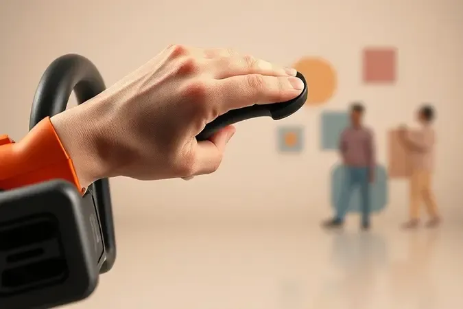 Close-up 3D de mão segurando empunhadura ergonômica de motosserra a bateria em estúdio com iluminação suave