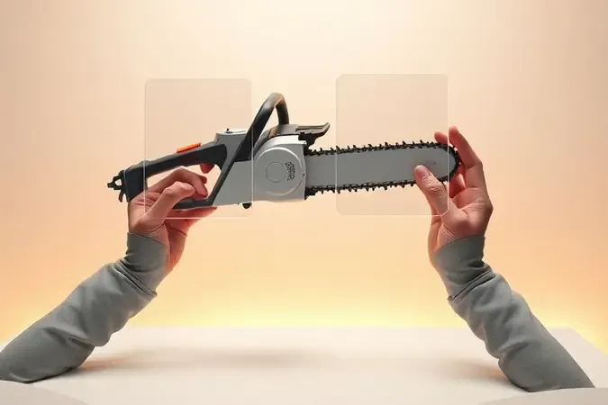 Renderização 3D conceitual ilustrando o processo de escolha de uma motosserra elétrica ideal conforme perfil e necessidades do usuário.
