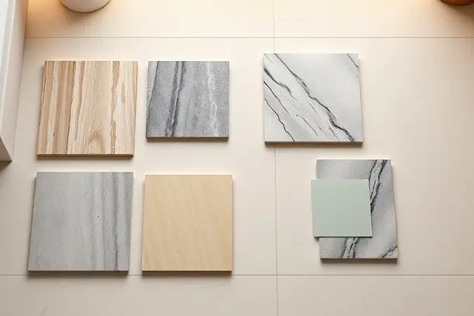 Renderização 3D conceitual de amostras de azulejos e rejuntes para escolha ideal no banheiro.