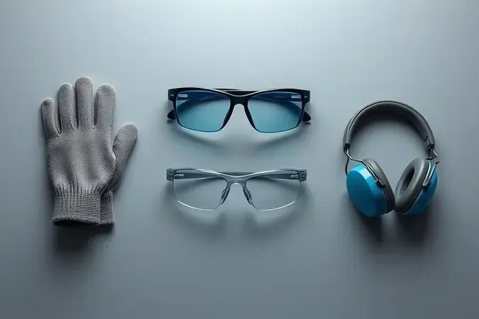 Render 3D conceitual de equipamentos de proteção individual para pedreiro em disposição organizada e comparativa.
