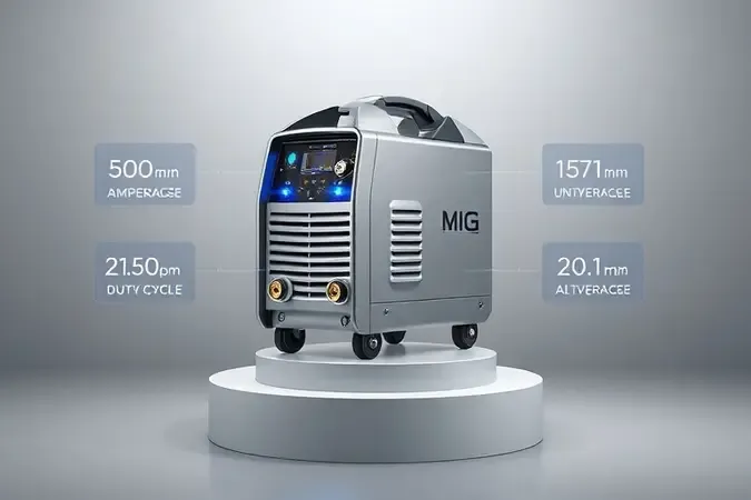 Renderização 3D conceitual de máquina de solda MIG em pedestal minimalista com ícones de especificações técnicas flutuantes.