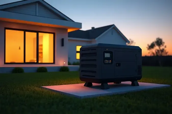 Gerador de energia residencial ao lado de uma casa moderna ao entardecer em renderização 3D com iluminação acolhedora.