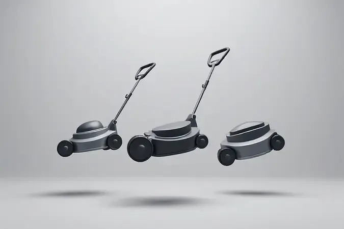 Composição 3D conceitual com diferentes tipos de cortadores de grama modernos em estúdio minimalista.