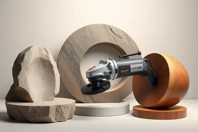 Render 3D de esmerilhadeira sem marca rodeada por formas esculpidas em pedra, metal e madeira representando versatilidade de uso.