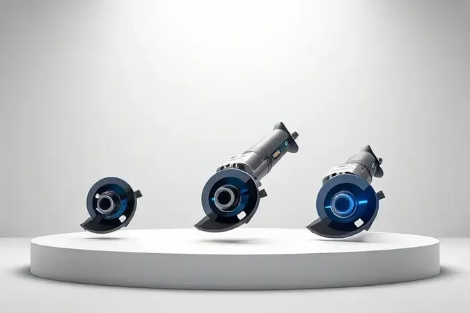 Render 3D de três esmerilhadeiras conceituais de tamanhos variados alinhadas em pódio minimalista com iluminação difusa profissional.
