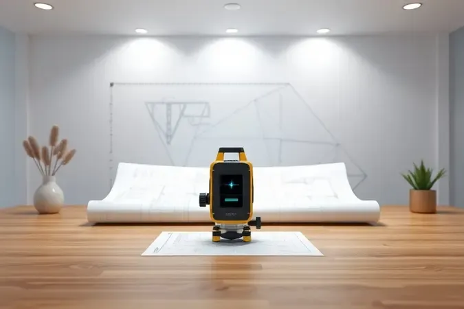 Renderização 3D de ambiente de trabalho moderno com nível laser sobre mesa ao lado de plantas arquitetônicas sob iluminação suave