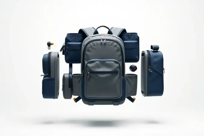 Render 3D conceitual com vista explodida mostrando estrutura e compartimentos de mochila para ferramentas com design técnico minimalista.