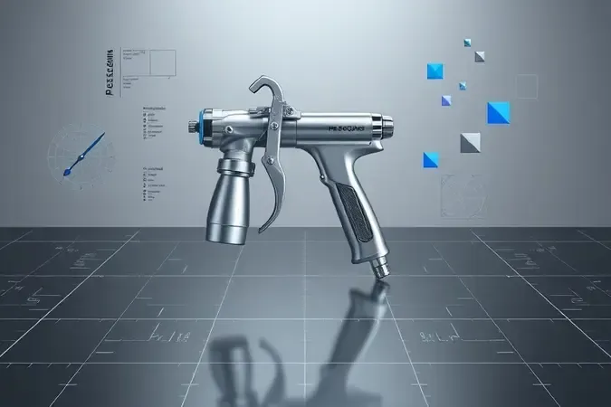 Pistola de pintura com elementos técnicos abstratos representando especificações em renderização 3D.