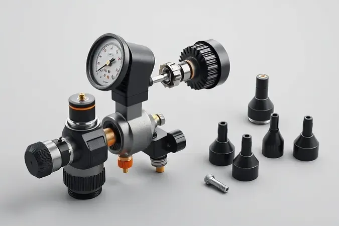 Render 3D conceitual de componentes técnicos de pulverizador airless com manômetro, bomba e bicos intercambiáveis em vista explodida.