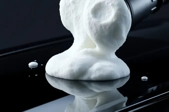 Close-up de espuma densa e cremosa sendo aplicada por canhão em superfície escura em renderização conceitual.