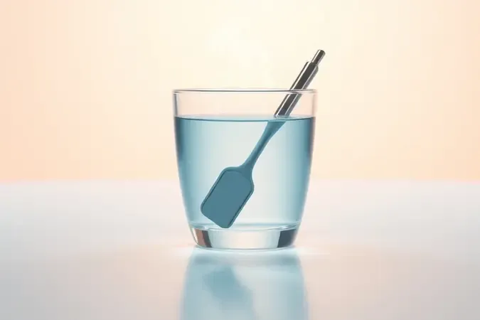 Render 3D conceitual de alicate metálico em processo de esterilização em recipiente com líquido azulado e vapor suave em ambiente asséptico.