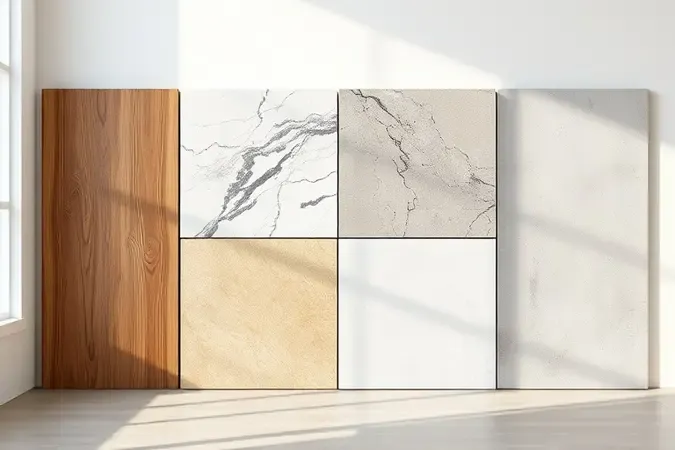 Composição 3D com estilos de porcelanato efeito madeira, mármore, pedra e concreto.