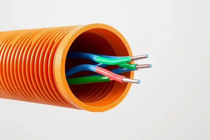 Renderização 3D mostrando corte transversal de conduíte corrugado com fios coloridos em seu interior.