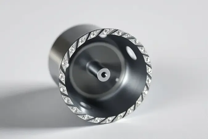 Vista detalhada de uma serra copo diamantada com borda de diamante e broca piloto em renderização 3D conceitual.