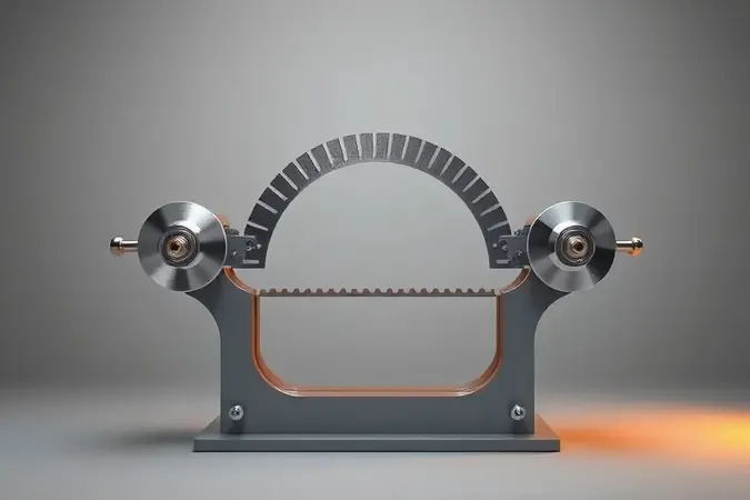 Render 3D mostrando a estrutura básica de uma serra fita para açougue com lâmina contínua e volantes metálicos polidos.