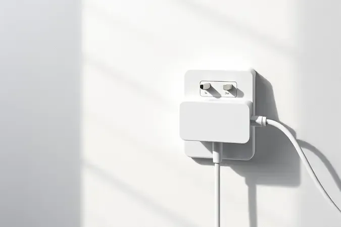 Renderização 3D de extensão elétrica conectada à tomada de parede em ambiente moderno e limpo.