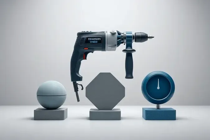 Composição conceitual 3D com formas geométricas representando fatores de escolha de um martelete como potência, peso e ergonomia