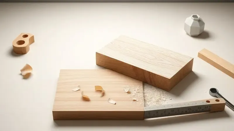 Conceito 3D de workspace moderna com elementos de marcenaria, madeira plainada e não plainada lado a lado