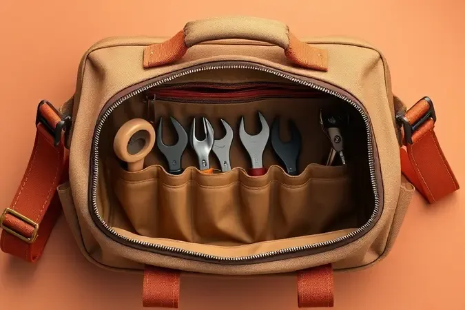 Render 3D de bolsa para ferramentas aberta destacando compartimentos internos, durabilidade e design ergonômico
