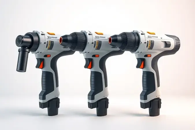 Ferramenta articulada conceitual com cabeça pivotante em três ângulos demonstrando adaptabilidade em render 3D.