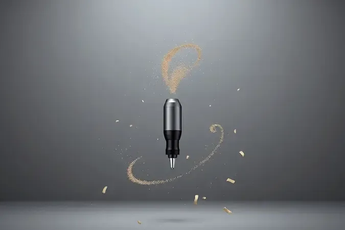 Renderização 3D conceitual de ferramenta rotativa de precisão com partículas abstratas flutuando ao redor da ponta iluminada.