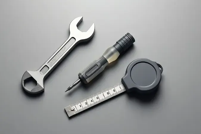 Ferramentas manuais essenciais em composição 3D conceitual com acabamento metálico e design minimalista.