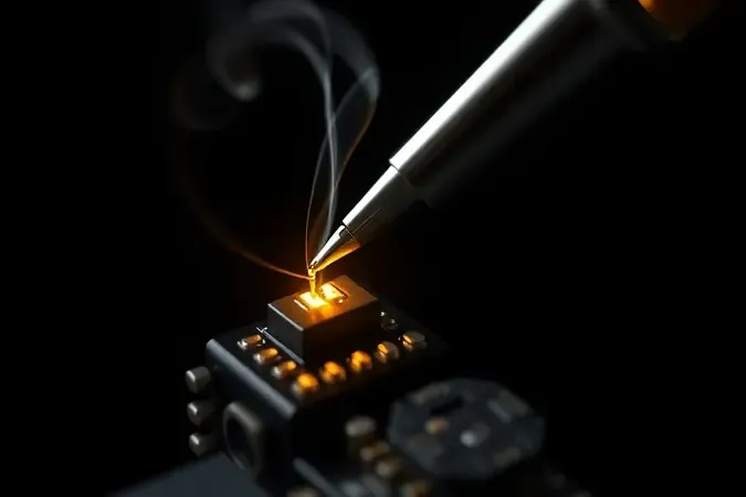 Render 3D de ponta de ferro de solda genérico unindo componentes em placa de circuito com iluminação quente e profissional.