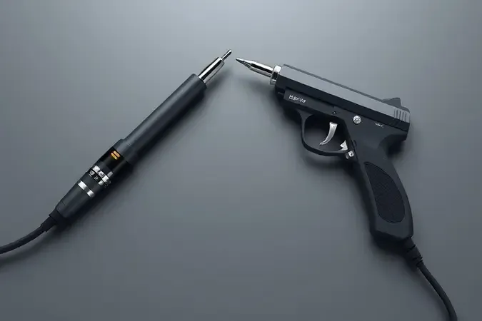 Comparação entre ferro de solda tipo lápis e tipo pistola em renderização 3D conceitual.