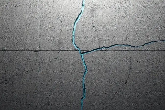 Close-up 3D de fissuras e caminhos de infiltração em corte transversal de parede de piscina de alvenaria