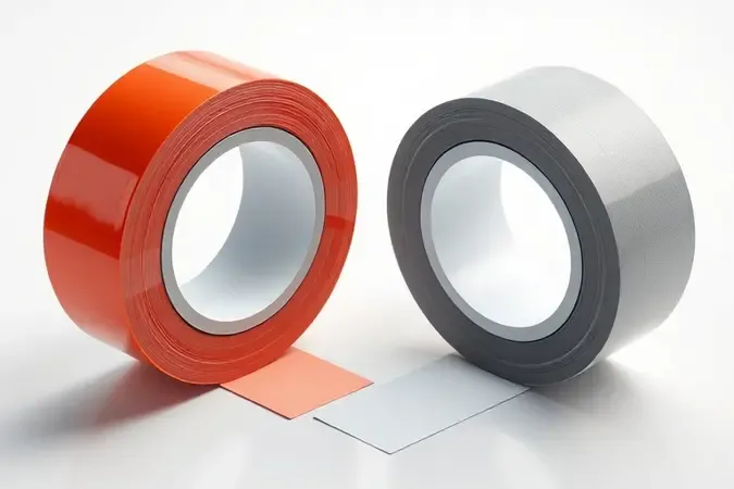 Comparação em render 3D entre fita isolante de PVC brilhante e fita de borracha autofusão com acabamento fosco.