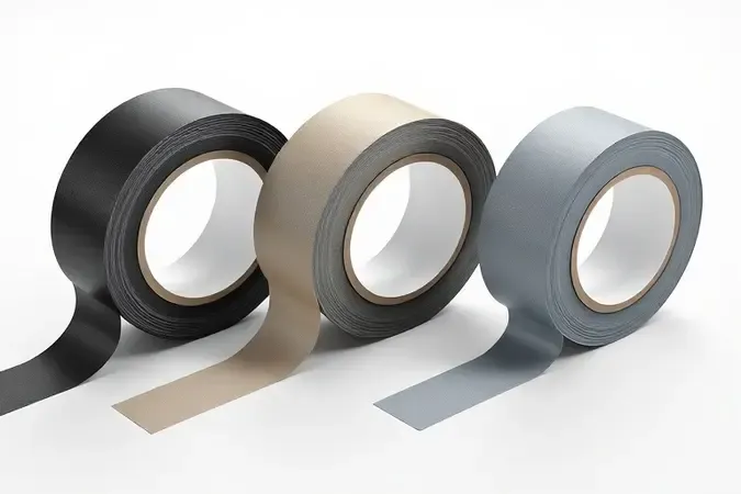 Três rolos de fita isolante de diferentes classes lado a lado em composição 3D minimalista sobre fundo branco.