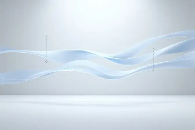 Visualização conceitual 3D de fluxo de ar e medição de velocidade do vento com fitas translúcidas fluidas em azul suave.