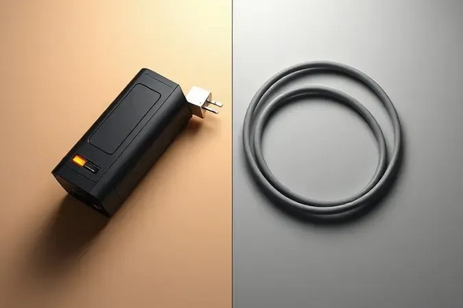 Renderização 3D conceitual comparando bateria e cabo de energia como fontes de alimentação para ferramentas.
