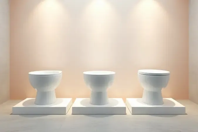 Renderização 3D comparando três silhuetas de vaso sanitário alongado, redondo e compacto em disposição minimalista de galeria.