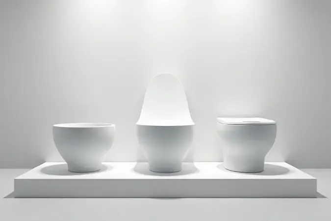Render 3D conceitual com três silhuetas esculturais de vasos sanitários em porcelana branca fosca sobre plataforma minimalista em fundo cinza neutro.