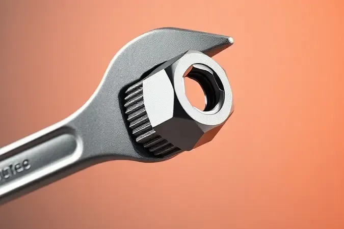 Chave inglesa ajustável segurando uma porca hexagonal em render 3D conceitual demonstrando sua função principal.