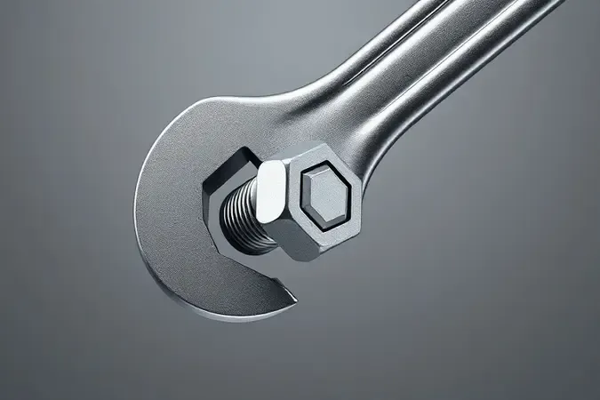 Renderização 3D de chave inglesa ajustável posicionada sobre um parafuso sextavado em composição minimalista e elegante.