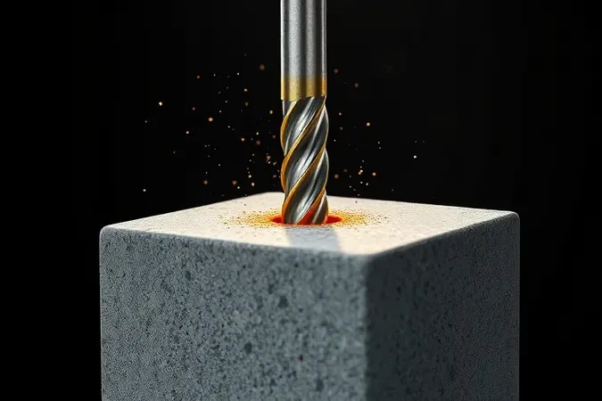 Renderização 3D de broca perfurando bloco de concreto com partículas suspensas, ilustrando a função impacto.