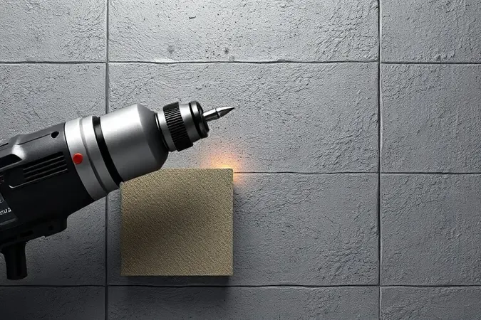 Conceito 3D de furadeira com função impacto perfurando concreto com ondas de choque e partículas abstratas.