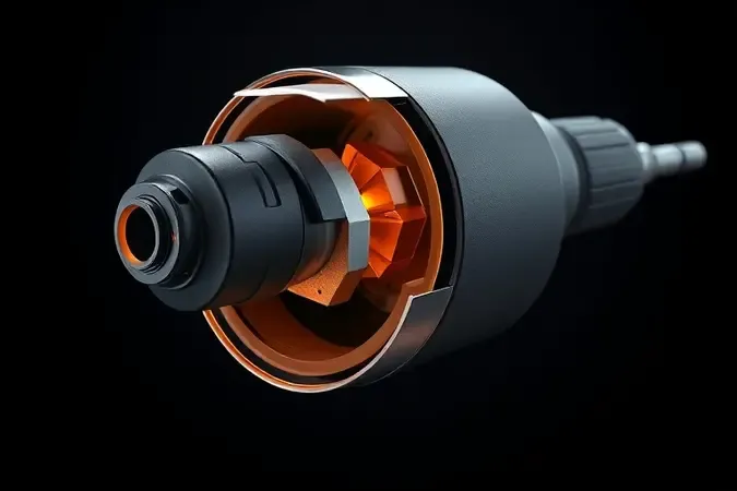 Render 3D conceitual de parafusadeira com corte transversal revelando o mecanismo interno de impacto com brilho âmbar sutil.