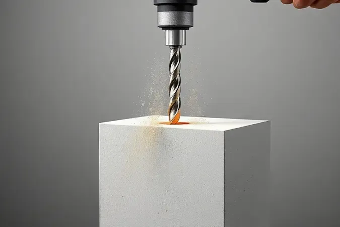 Ilustração conceitual 3D mostrando a função principal de um martelete perfurador em concreto com broca genérica.