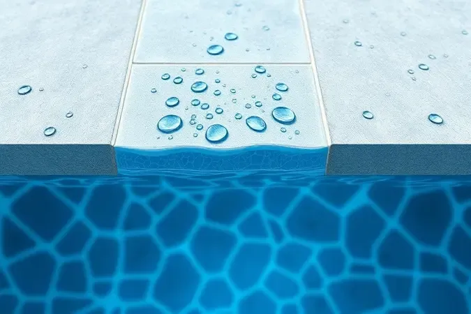 Visualização 3D em corte ampliado de rejunte impermeável selando juntas entre azulejos de piscina com gotas de água na superfície.
