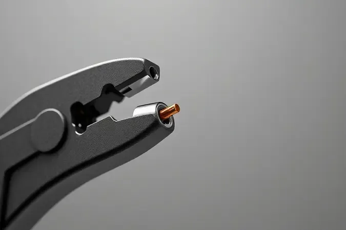 Renderização 3D mostrando alicate de crimpar pressionando terminal metálico em fio elétrico desencapado.