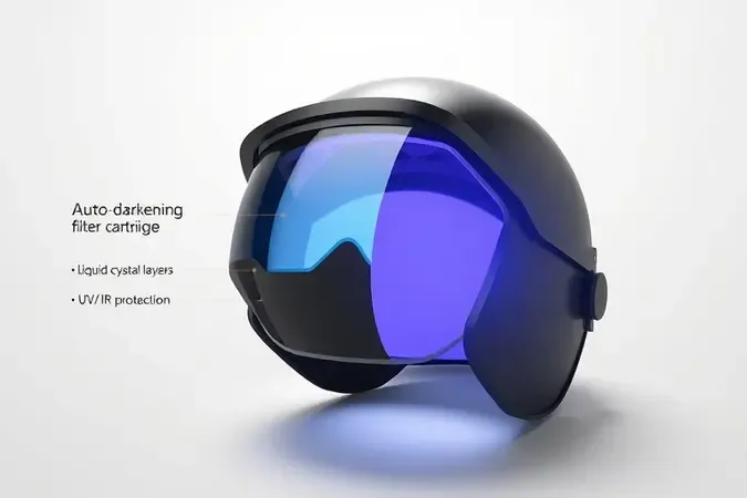 Renderização 3D mostrando o funcionamento do filtro de escurecimento automático em uma máscara de solda moderna.