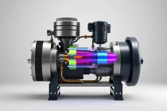 Render 3D conceitual em corte mostrando o mecanismo interno de um compressor de ar com pistão e cilindro visíveis.
