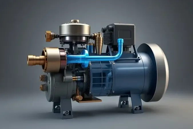 Render 3D estilo corte transversal mostrando mecanismo interno de compressor de ar com pistão, cilindro e válvulas em visualização técnica.