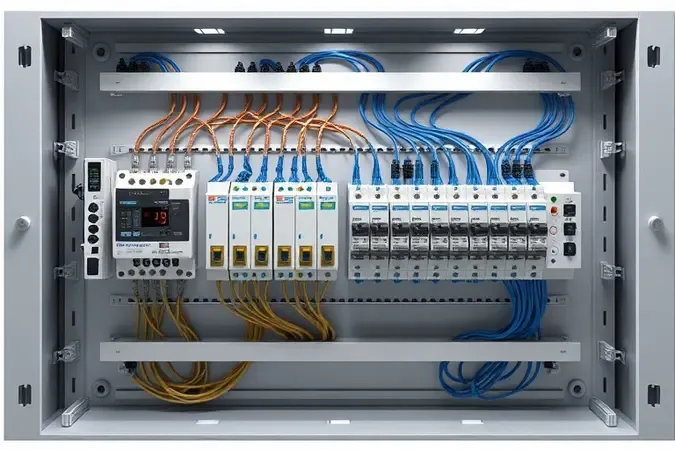 Visualização 3D do funcionamento interno de um quadro de distribuição elétrica com barramentos e fiação organizada.