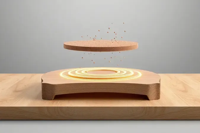 Visualização conceitual 3D do princípio de funcionamento orbital de uma lixadeira com trajetória circular sobre madeira