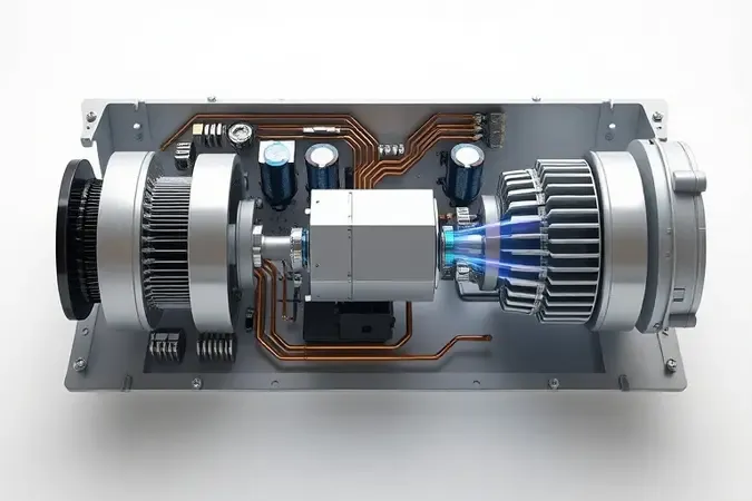 Ilustração 3D do funcionamento interno de uma máquina de solda inversora com componentes eletrônicos e fluxo de energia