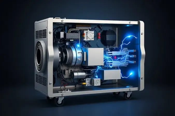 Renderização 3D mostrando princípio de funcionamento interno de máquina de solda inversora com componentes e fluxo de energia.